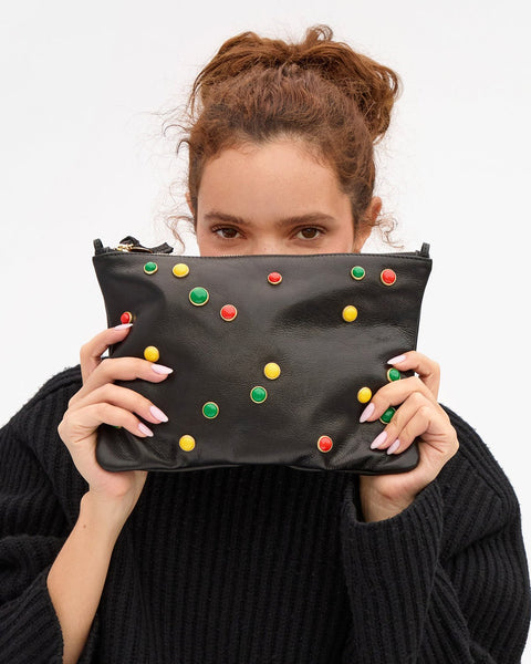 Clare V. Flat Clutch w/ Tabs - Black w/ Bonbon Studs - ascot + hart