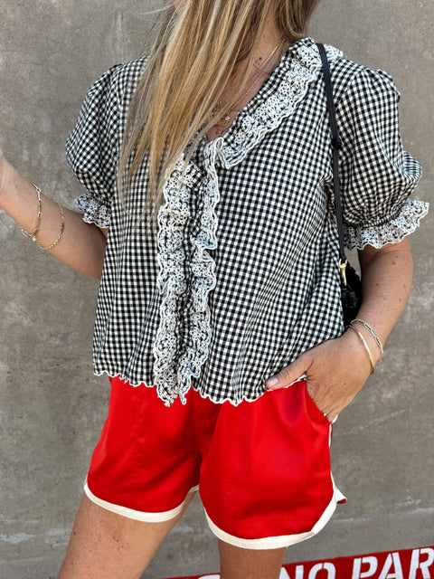 Terra Gingham Lace Ruffle Blouse - ascot + hart