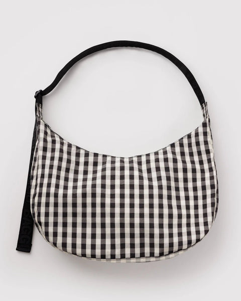 Large Nylon Crescent Bag - Black and Cream Gingham w/ Key Leash - ascot + hart