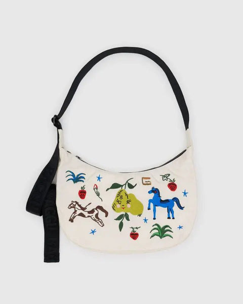 Medium Nylon Crescent Bag - Embroidered Painted Prairie w/ Key Leash - ascot + hart