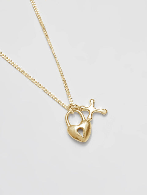 Mini Gold Heart Lock and Cross Charm Necklace - ascot + hart