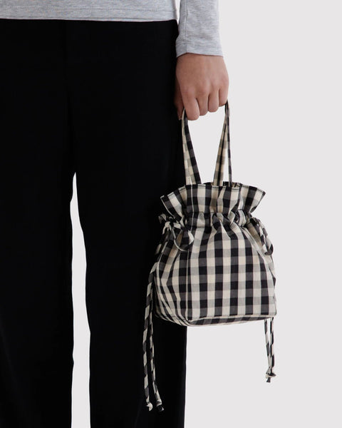 Nylon Drawstring Bag - Black and Cream Gingham - ascot + hart