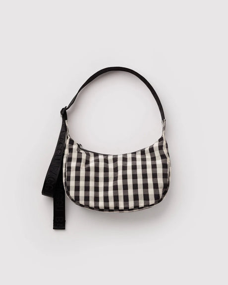 Small Nylon Crescent Bag - Black and Cream Gingham - ascot + hart