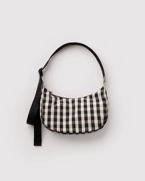 Small Nylon Crescent Bag - Black and Cream Gingham - ascot + hart